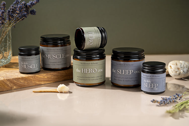 Image showing the hero one balm jar, the muscle one balm jar and the sleep one jar